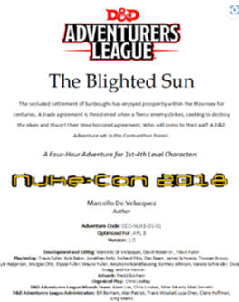 Cover of The Blighted Sun with the convention sigil it was written for on the cover.